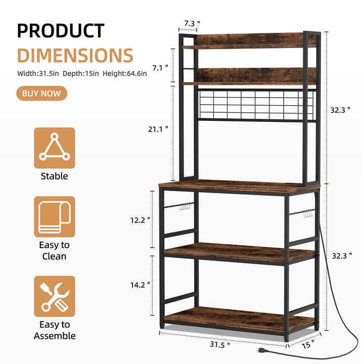Walsunny Kitchen Bakers Rack with Power Outlet, Coffee Bar Table 3Tiers （Clearance）
