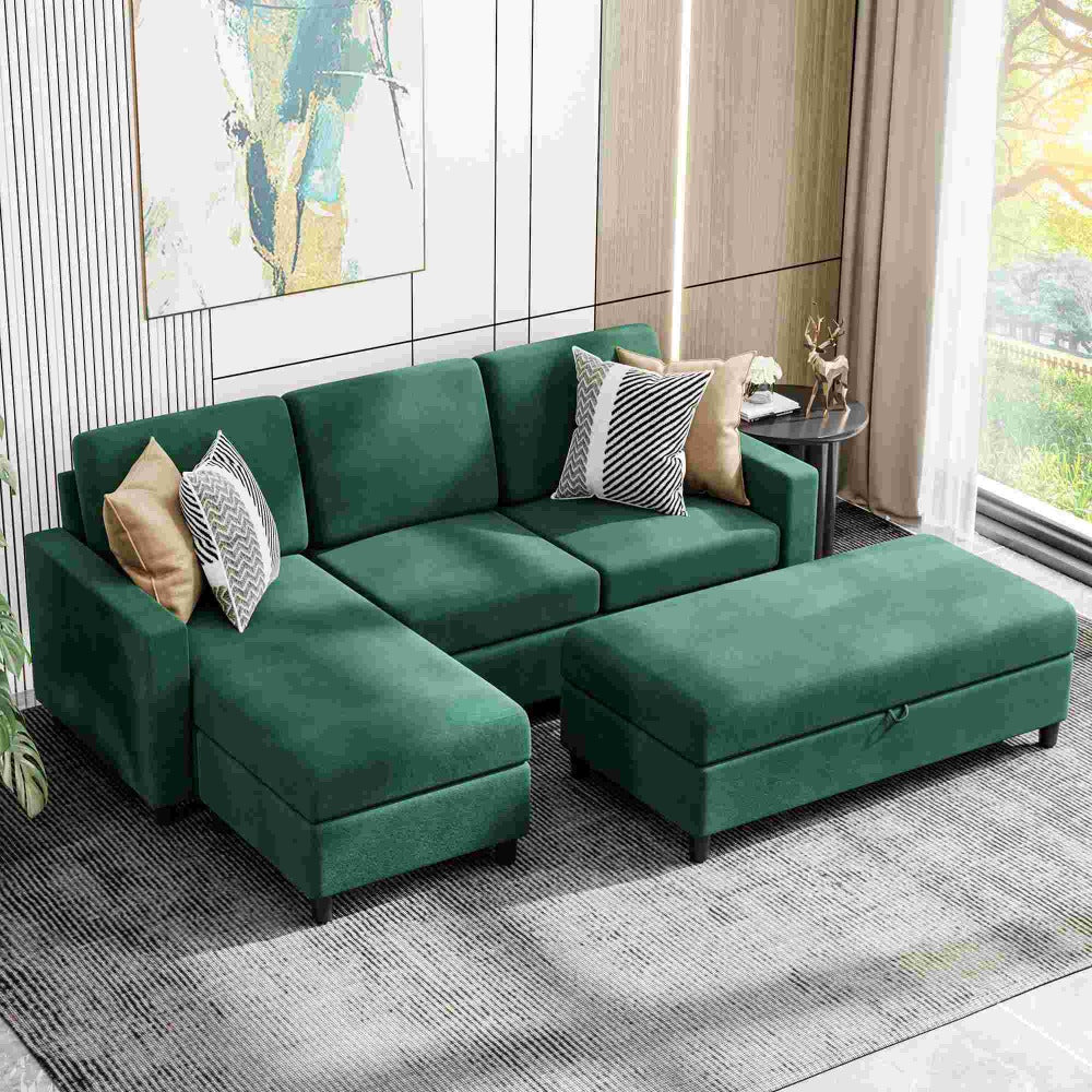 Walsunny Sectional Sofa With Long Storage Ottoman For Small Apartment#color_green