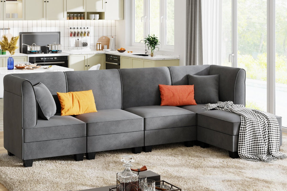 Walsunny Velvet 5 Pieces Modular Sectional Sofa L-Shaped Couch With Reversible Chaise