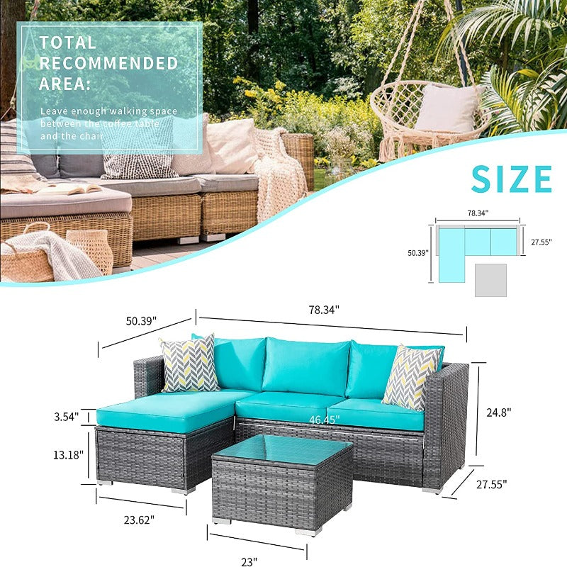 Walsunny 3 Pieces Outdoor Sectional Sofa Set With Silver Wicker & Chaise#color_blue