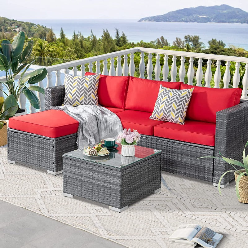 Walsunny 3 Pieces Outdoor Sectional Sofa Set With Silver Wicker & Chaise#color_red