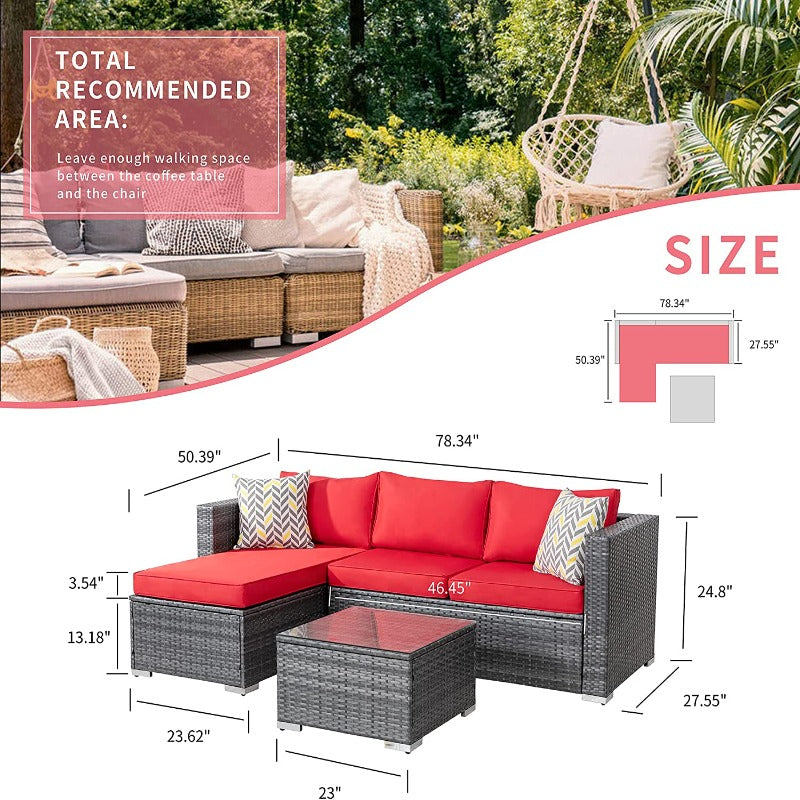 Walsunny 3 Pieces Outdoor Sectional Sofa Set With Silver Wicker & Chaise#color_red