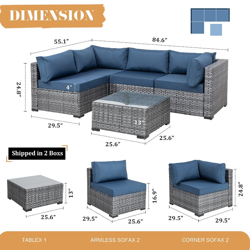 Walsunny Patio Furniture 5 Pieces Outdoor Sectional Sofa Set, Silver Wicker #color_aegean-blue