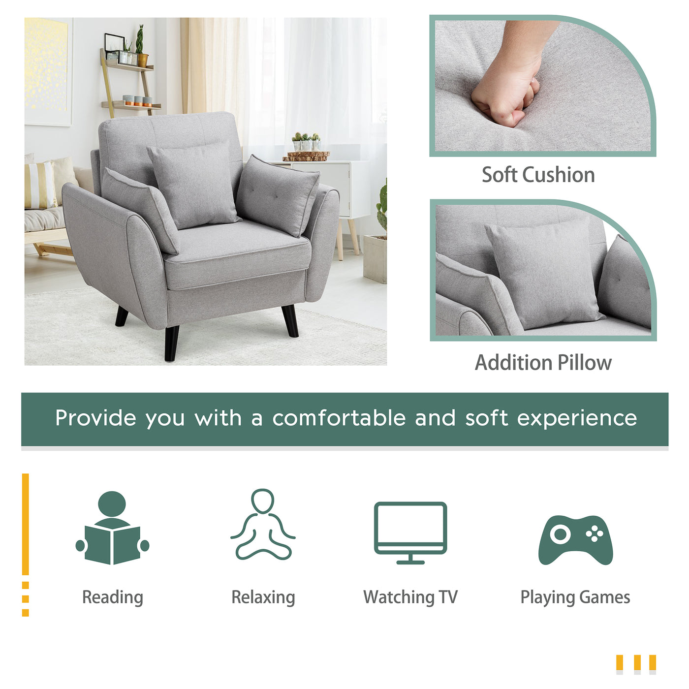 Walsunny 38‘’ Single Sofa Chair With Pillows#color_light-grey