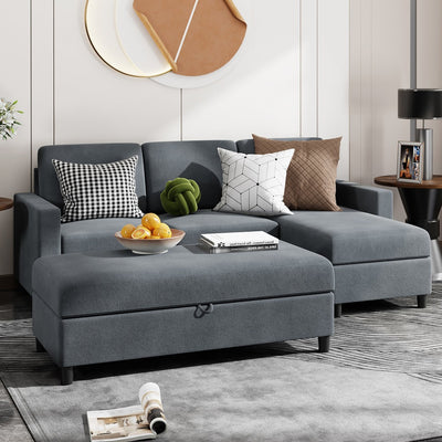 Walsunny Sectional Sofa With Long Storage Ottoman For Small Apartment#color_dark-grey