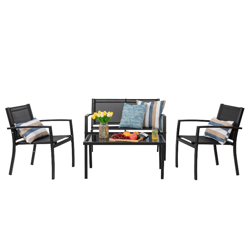 Walsunny 4 Pieces Outdoor Furniture Set, Modern Metal Textilene, Patio Loveseat & Glass Table, Black#color_black