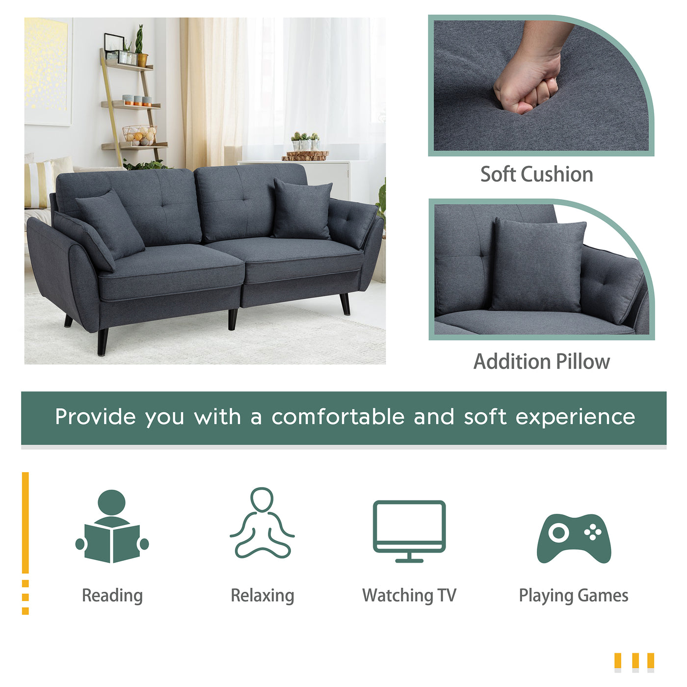 Walsunny 91‘’ 3-Seat Sofa Couch With Pillows#color_dark-grey
