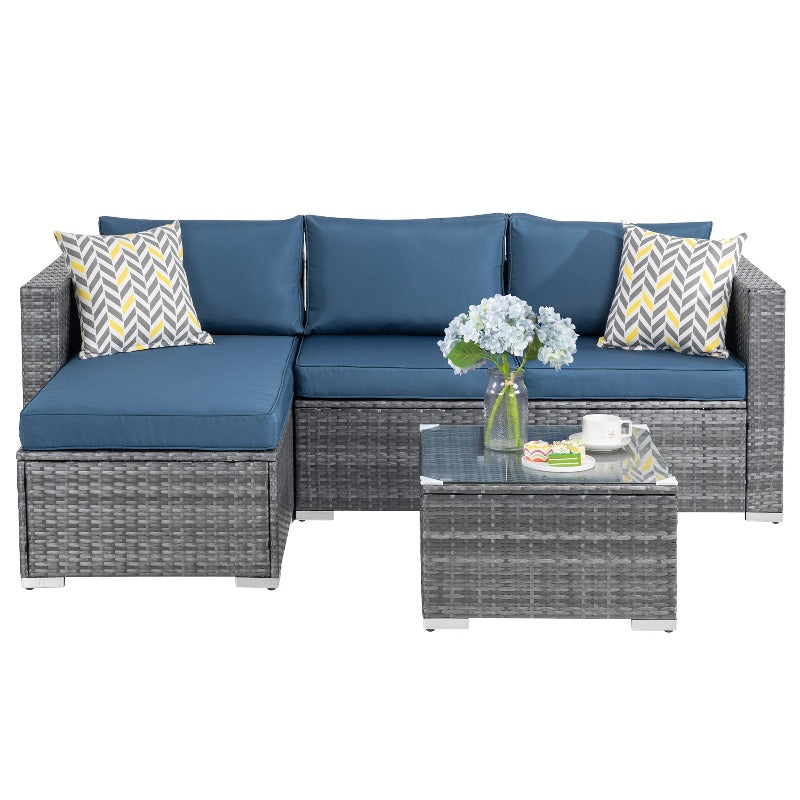 Walsunny 3 Pieces Outdoor Sectional Sofa Set With Silver Wicker & Chaise#color_aegean-blue