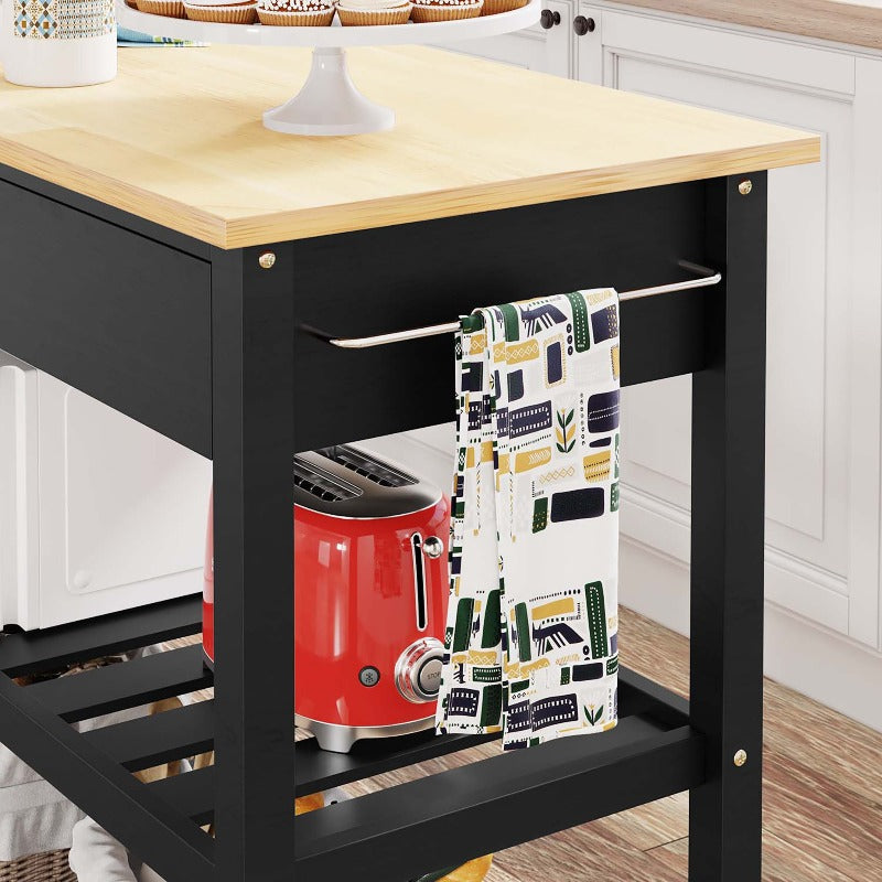 Walsunny 40‘’ Kitchen Island Storage & Bar Cart with Solid Wood Top#color_black