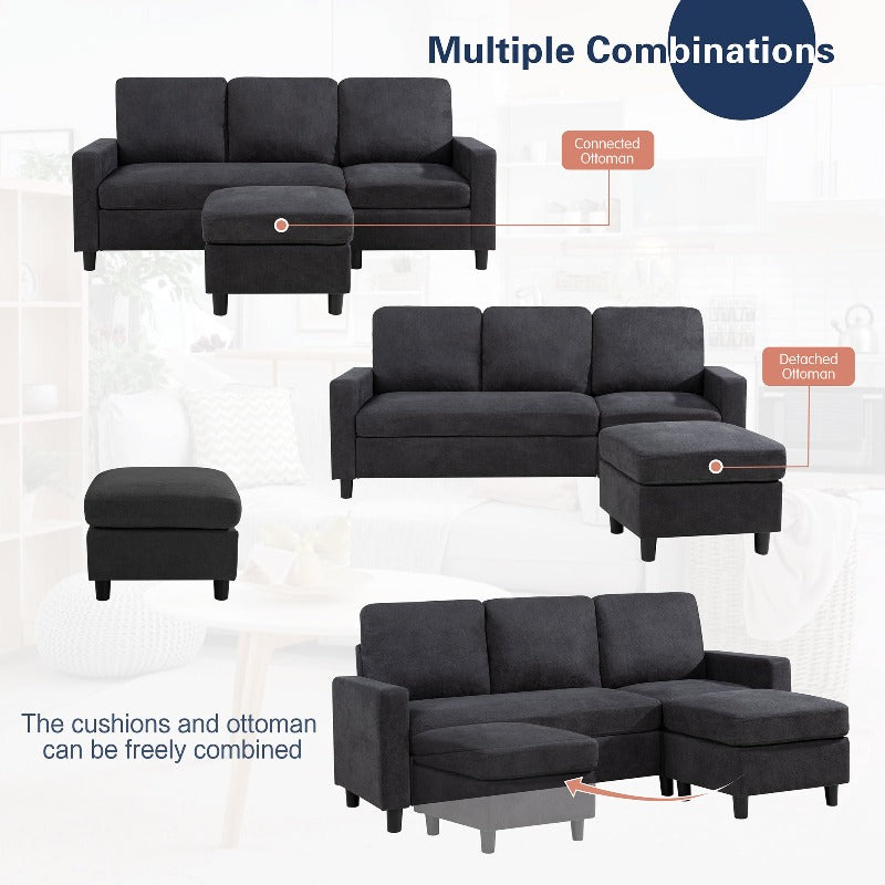 Walsunny 3-Seat Modern Sectional Sofa With Reversible Chaise#color_black