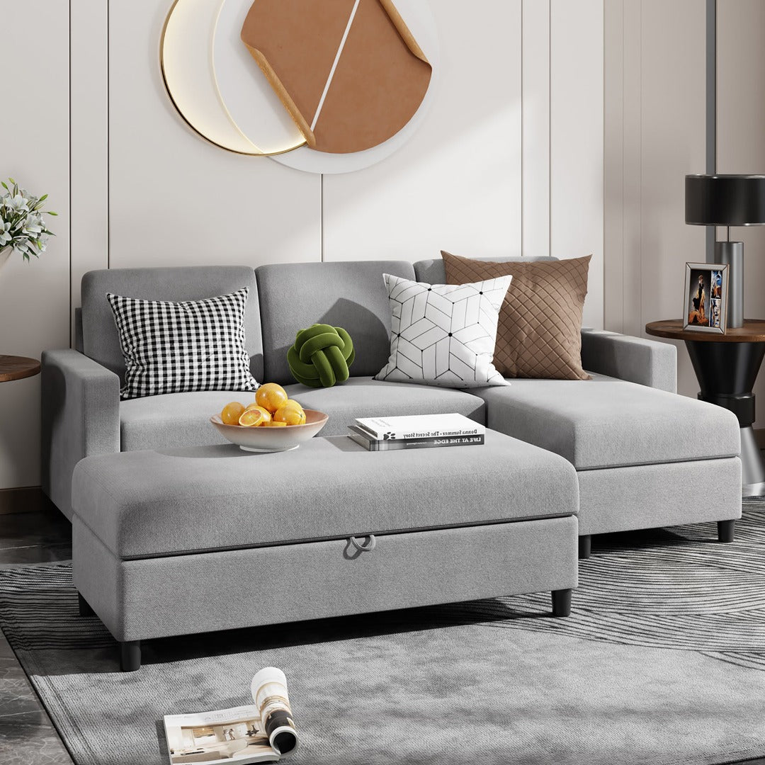 Walsunny Sectional Sofa With Long Storage Ottoman For Small Apartment#color_light-grey