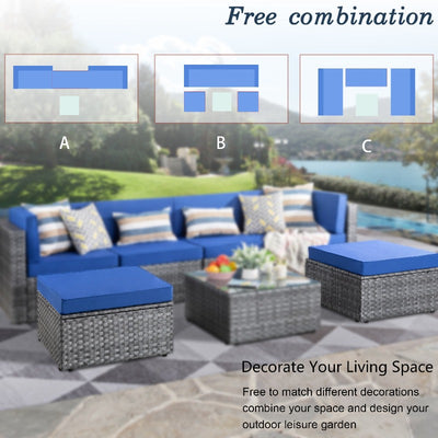 Walsunny 2 Pieces Outdoor Ottomans & Side Chairs Without Arms, Silver Wicker Stools with Cushion