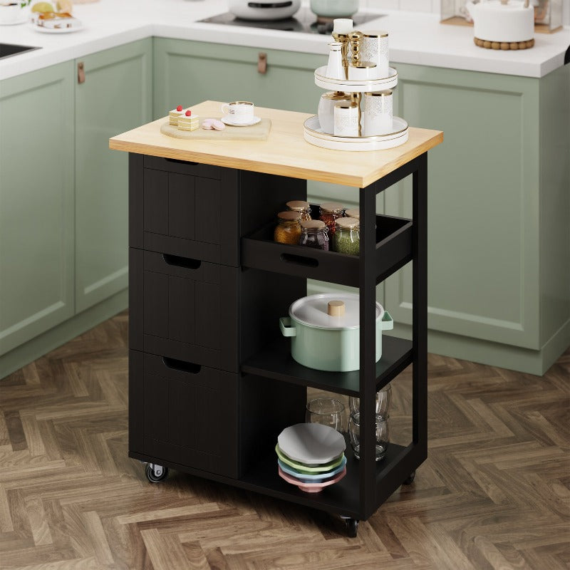 Walsunny 26.57‘’ Rolling Kitchen Island Storage & Bar Cart with Solid Wood Top#color_black