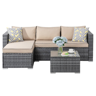 Walsunny 3 Pieces Outdoor Sectional Sofa Set With Silver Wicker & Chaise#color_khaki
