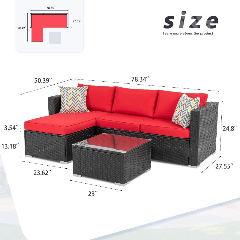 Walsunny Patio Furniture 3 Pieces Outdoor Sectional Sofa Set With Chaise, Black Wicker#color_red