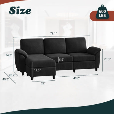Walsunny 3 Seat L-Shaped Sectional Sofa With Movable Ottoman#color_black