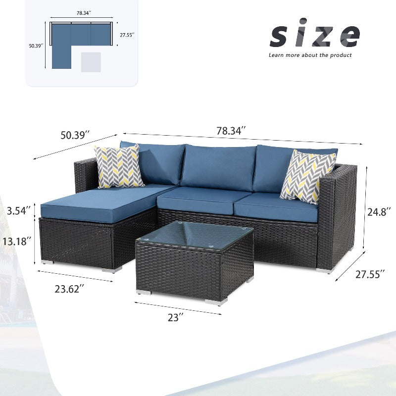 Walsunny Patio Furniture 3 Pieces Outdoor Sectional Sofa Set With Chaise, Black Wicker#color_aegean-blue