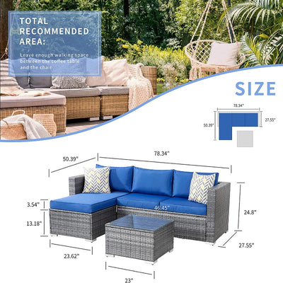 Walsunny 3 Pieces Outdoor Sectional Sofa Set With Silver Wicker & Chaise#color_royal-blue