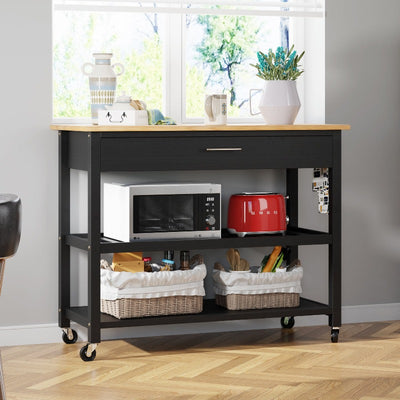 Walsunny 40‘’ Kitchen Island Storage & Bar Cart with Solid Wood Top#color_black