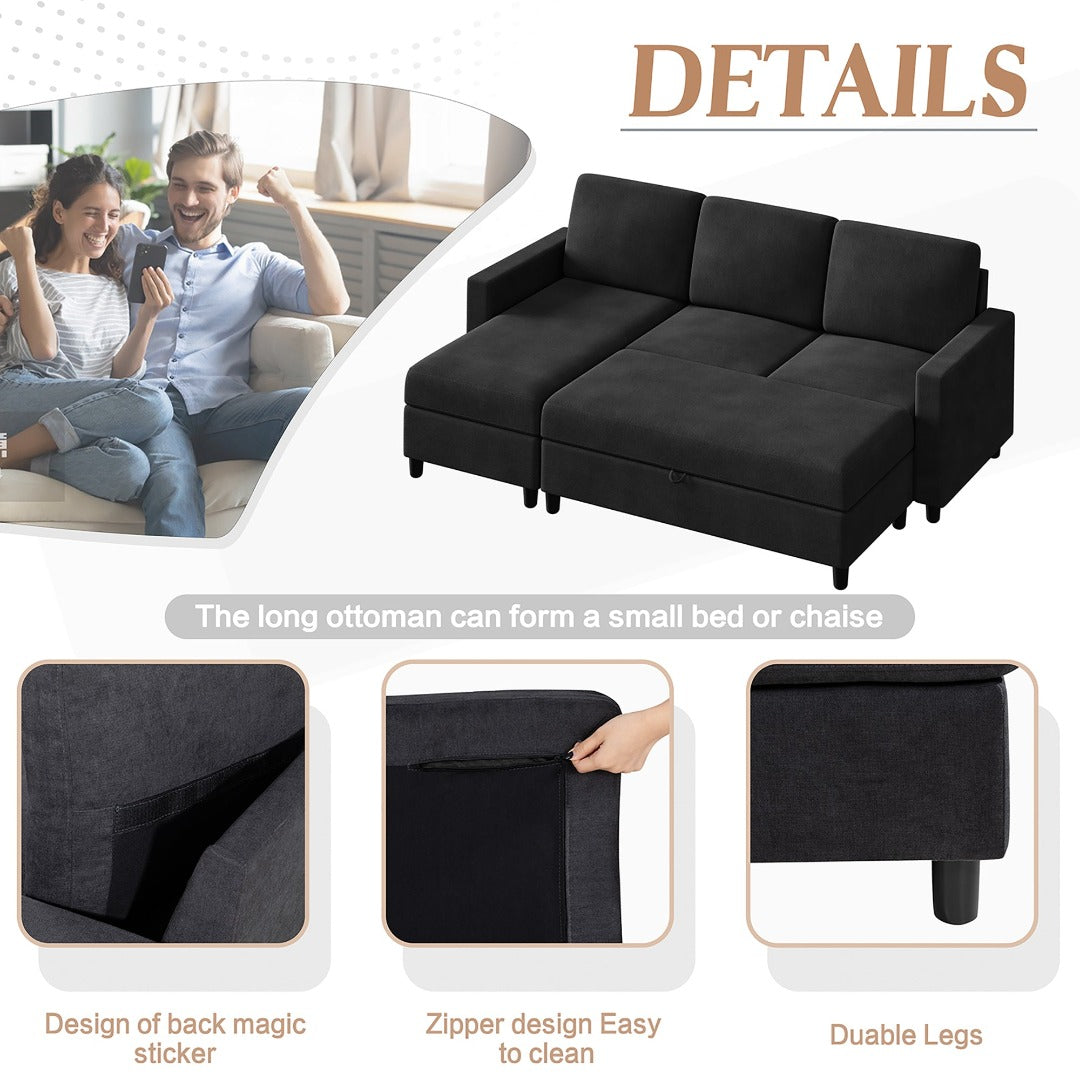 Walsunny Sectional Sofa With Long Storage Ottoman For Small Apartment#color_black