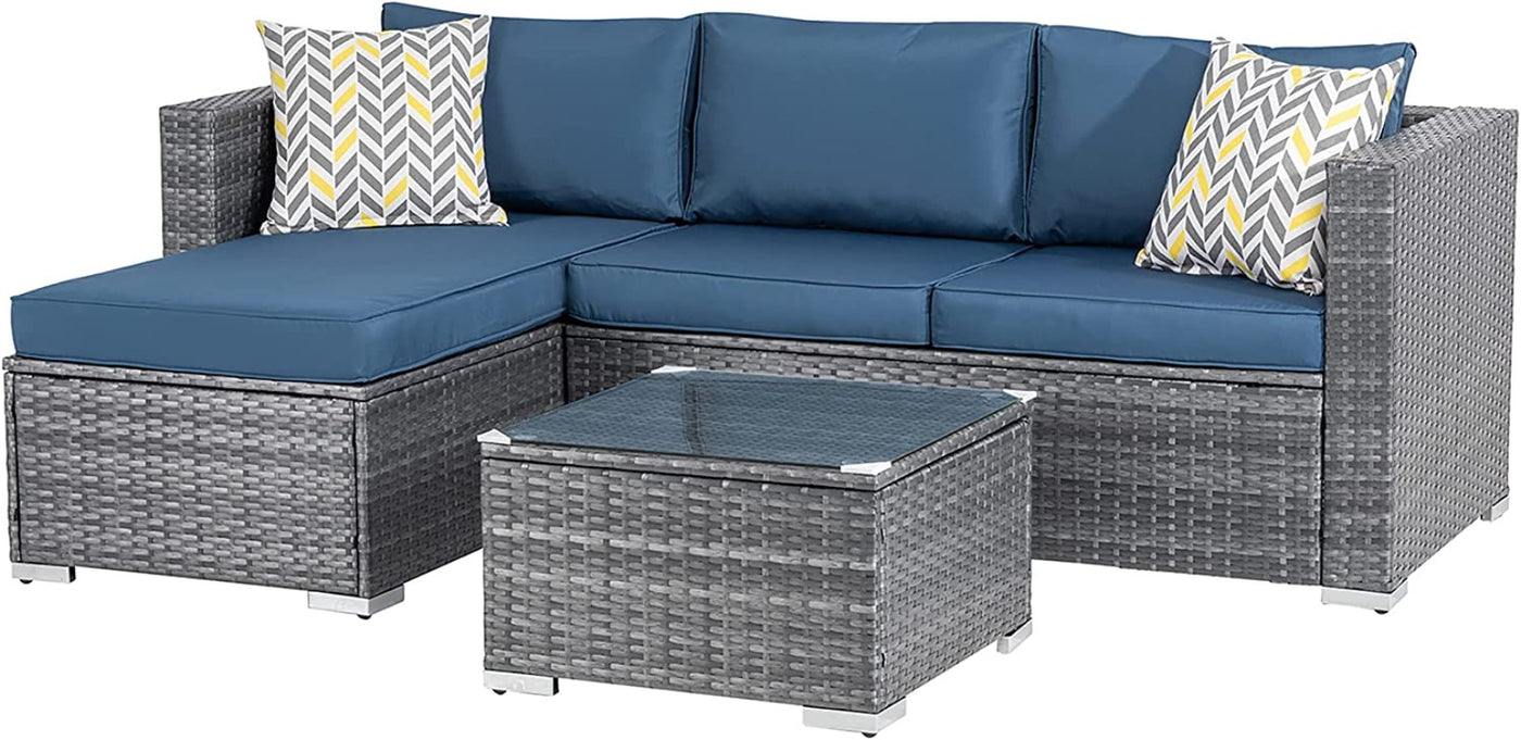 Walsunny 3 Pieces Outdoor Sectional Sofa Set With Silver Wicker & Chaise#color_aegean-blue