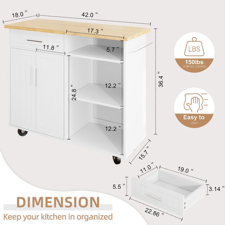 Walsunny 42‘’ Kitchen Island Cart Storage with Solid Wood Top#color_white