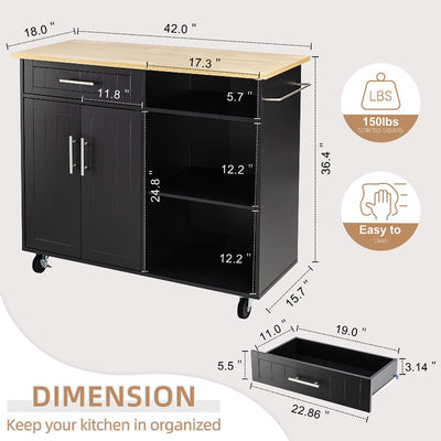 Walsunny 42‘’ Kitchen Island Cart Storage with Solid Wood Top#color_black