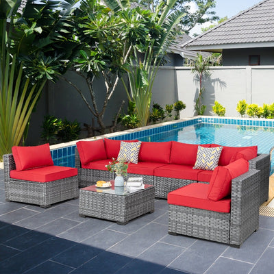 Walsunny Patio Furniture 7 Pieces Outdoor Sectional Sofa Set, Silver Wicker#color_red