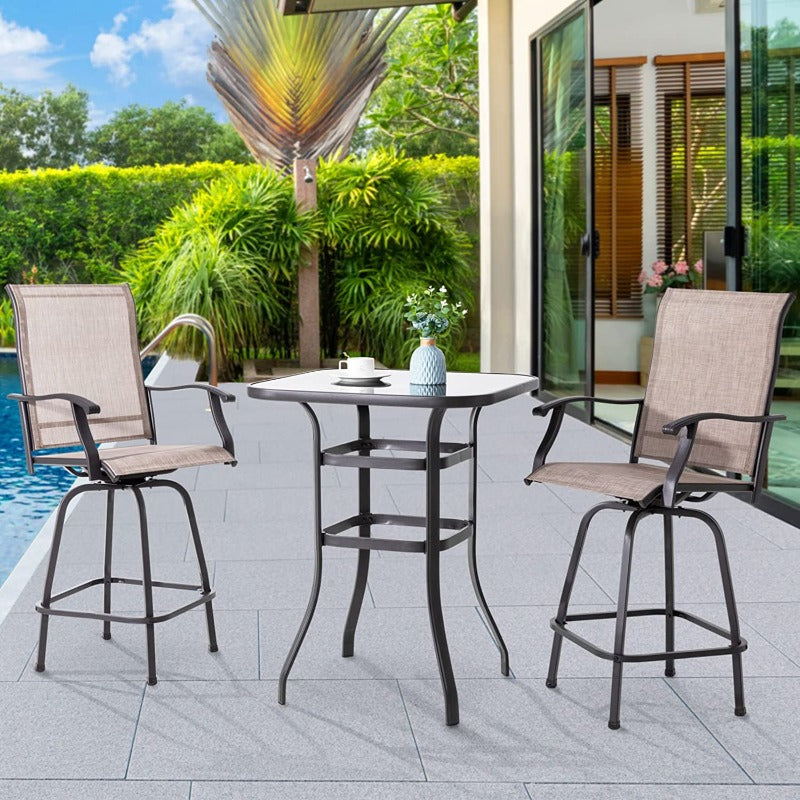 Walsunny 3 Pieces Outdoor Bar Set, High Back Swivel Chair With High Glass Bar Table