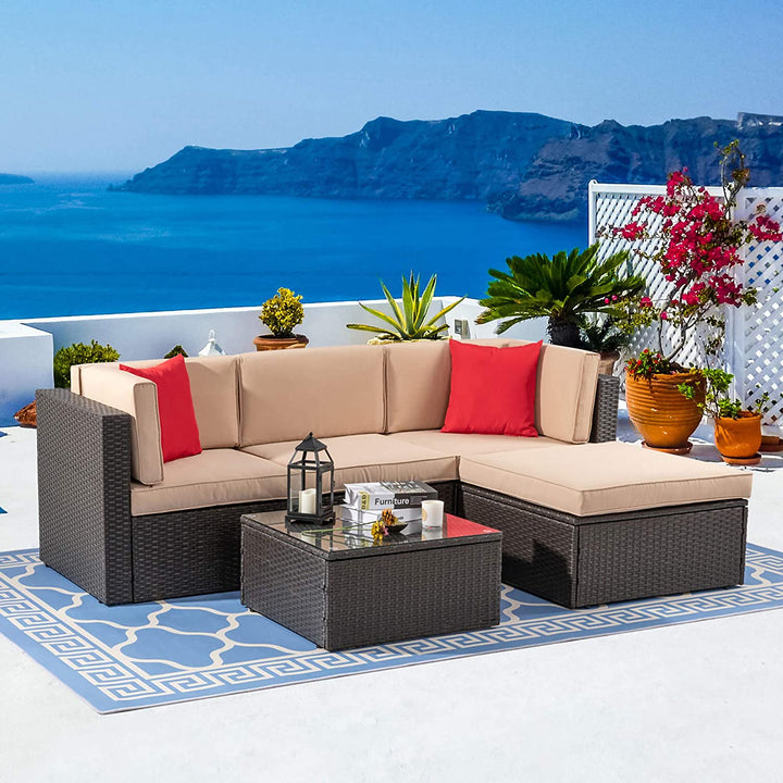 Walsunny 5 Pieces PE Wicker Chaise Outdoor Sectional Sofa Set