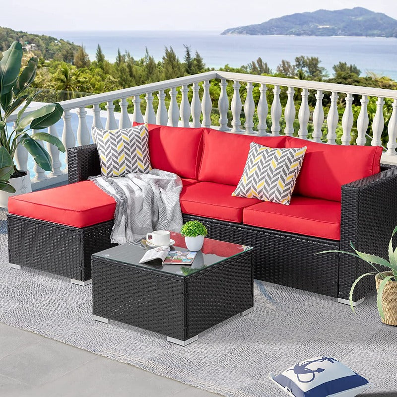 Walsunny Patio Furniture 3 Pieces Outdoor Sectional Sofa Set With Chaise, Black Wicker#color_red