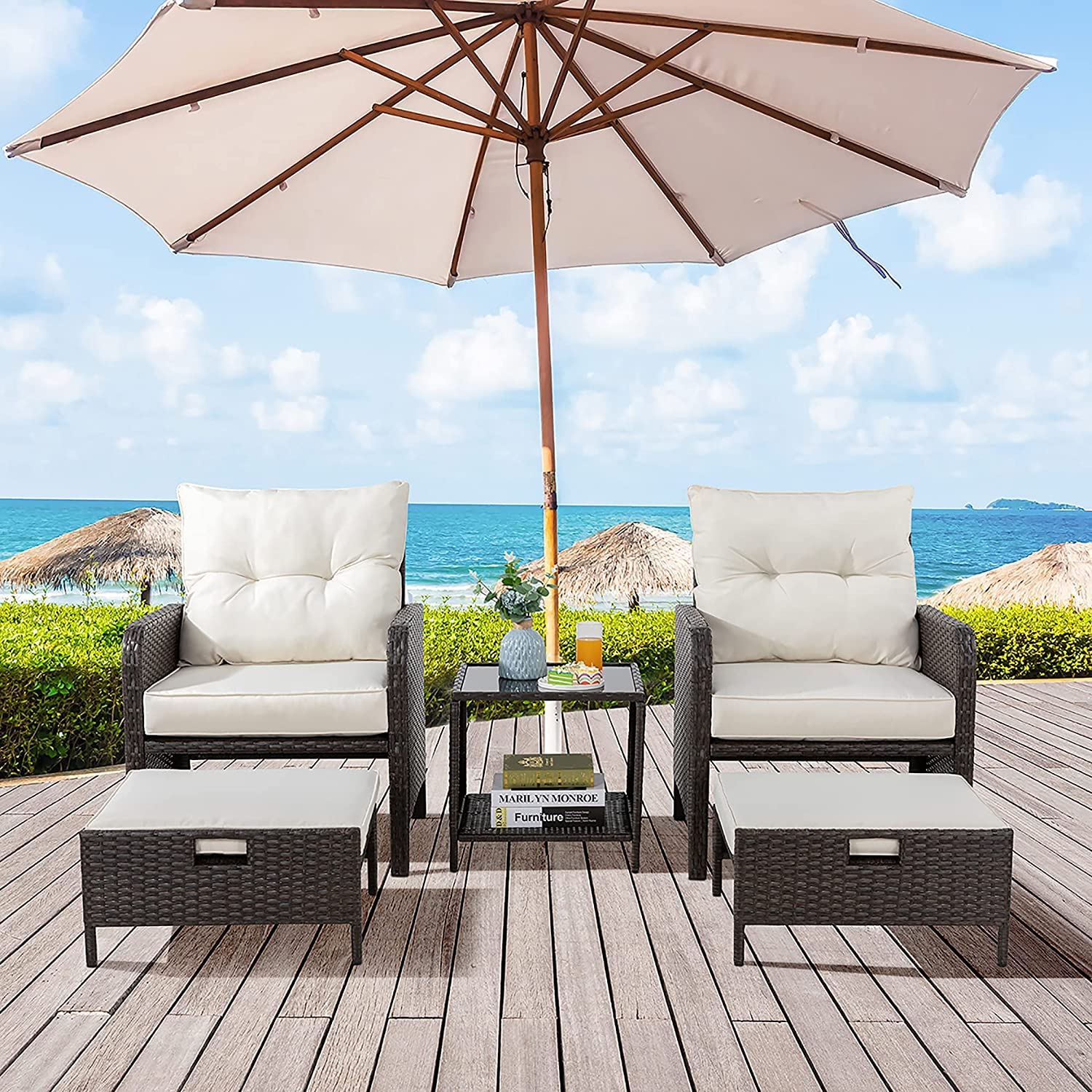 Walsunny 5 Piece Beige Wicker Outdoor Recliner Conversation