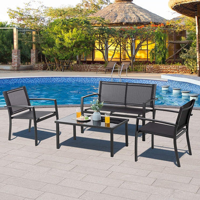 Walsunny 4 Pieces Outdoor Furniture Set, Modern Metal Textilene, Patio Loveseat & Glass Table, Black#color_black