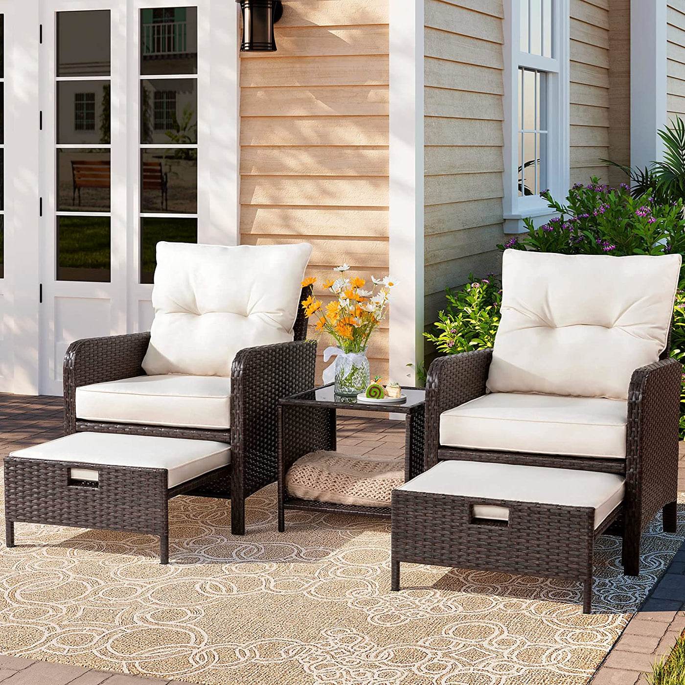 Walsunny 5 Piece Outdoor Recliner Conversation Set With Beige Cushions, Wicker PE Rattan
