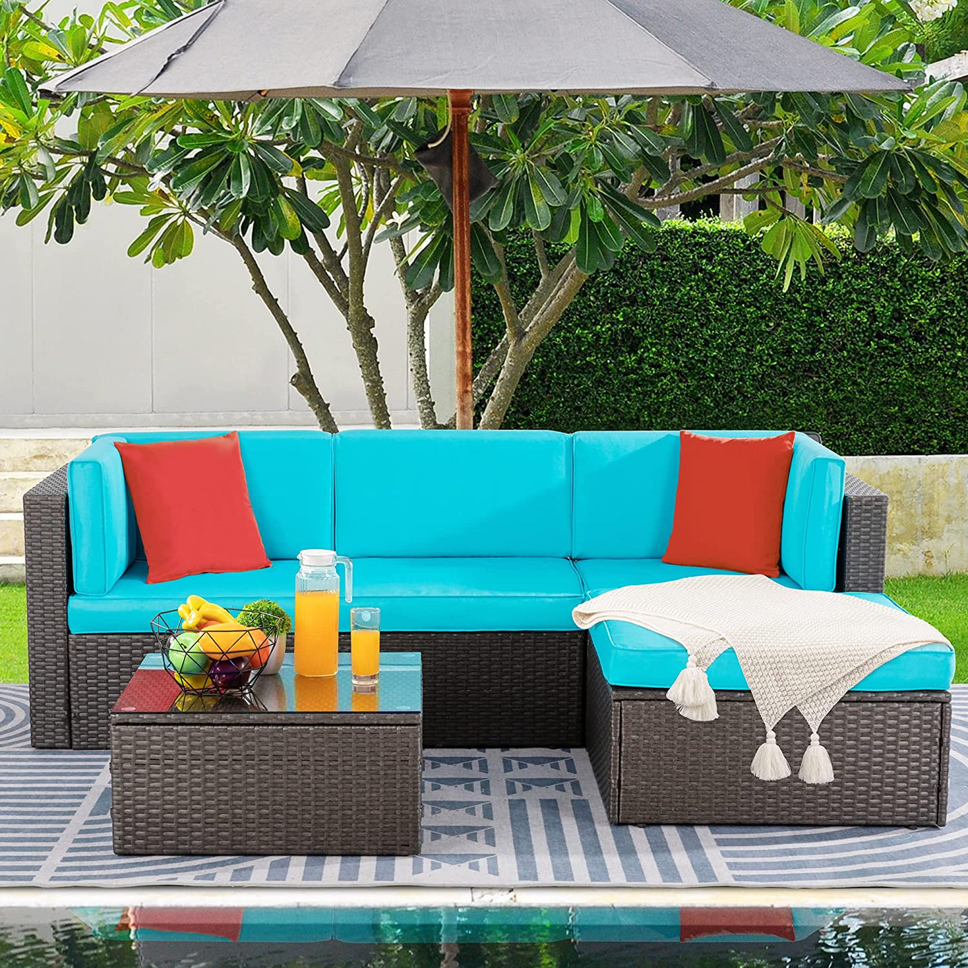 Walsunny Patio Furniture 5 Pieces PE Wicker Outdoor Sectional Sofa Set With Ottoman