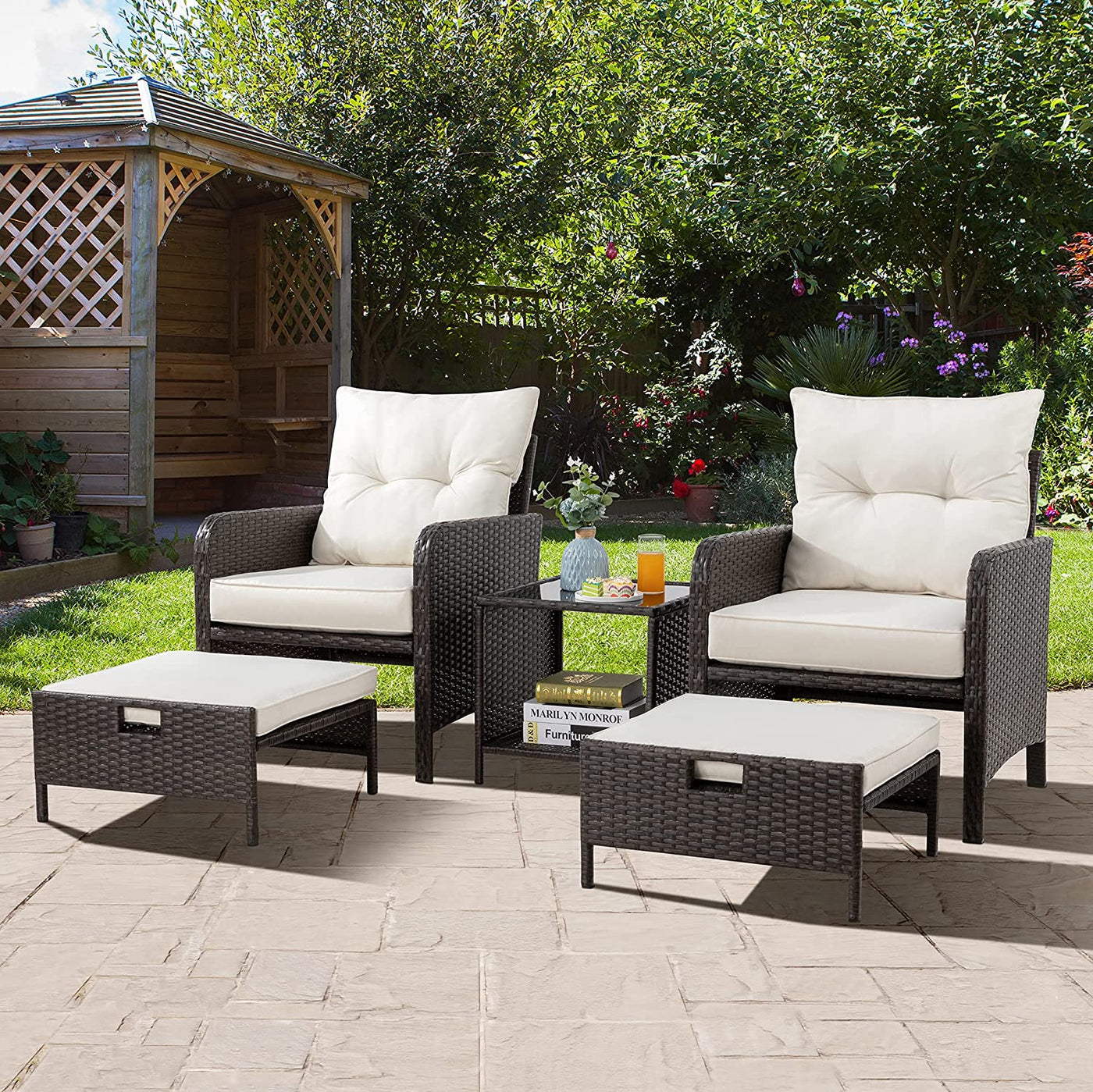 Walsunny 5 Piece Outdoor Recliner Conversation Set With Beige Cushions, Wicker PE Rattan