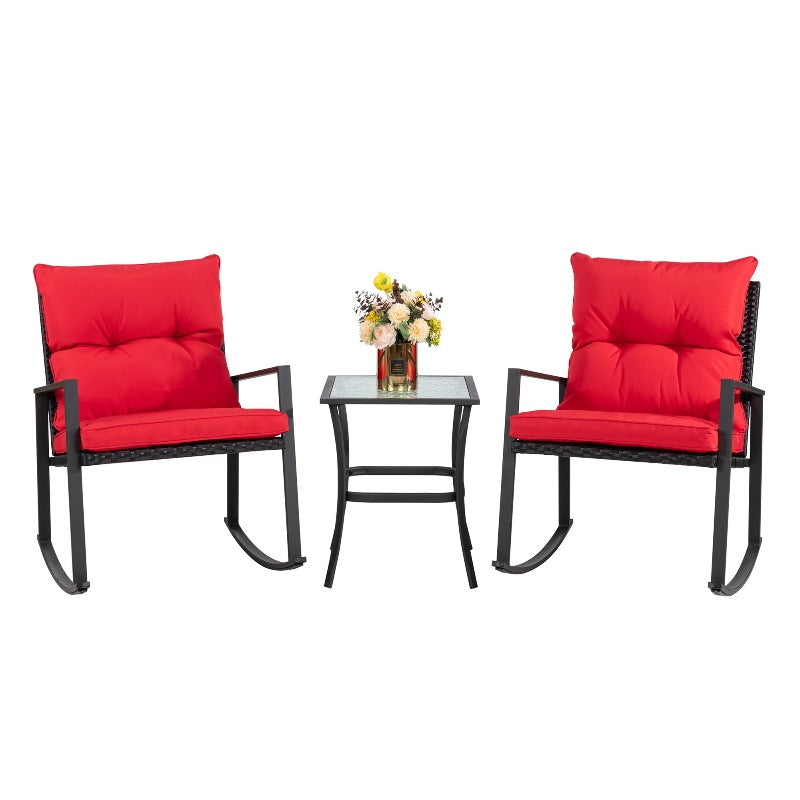 Walsunny Patio Furniture 3 Pieces Wicker Outdoor Bistro Rocking Chair Set#color_red