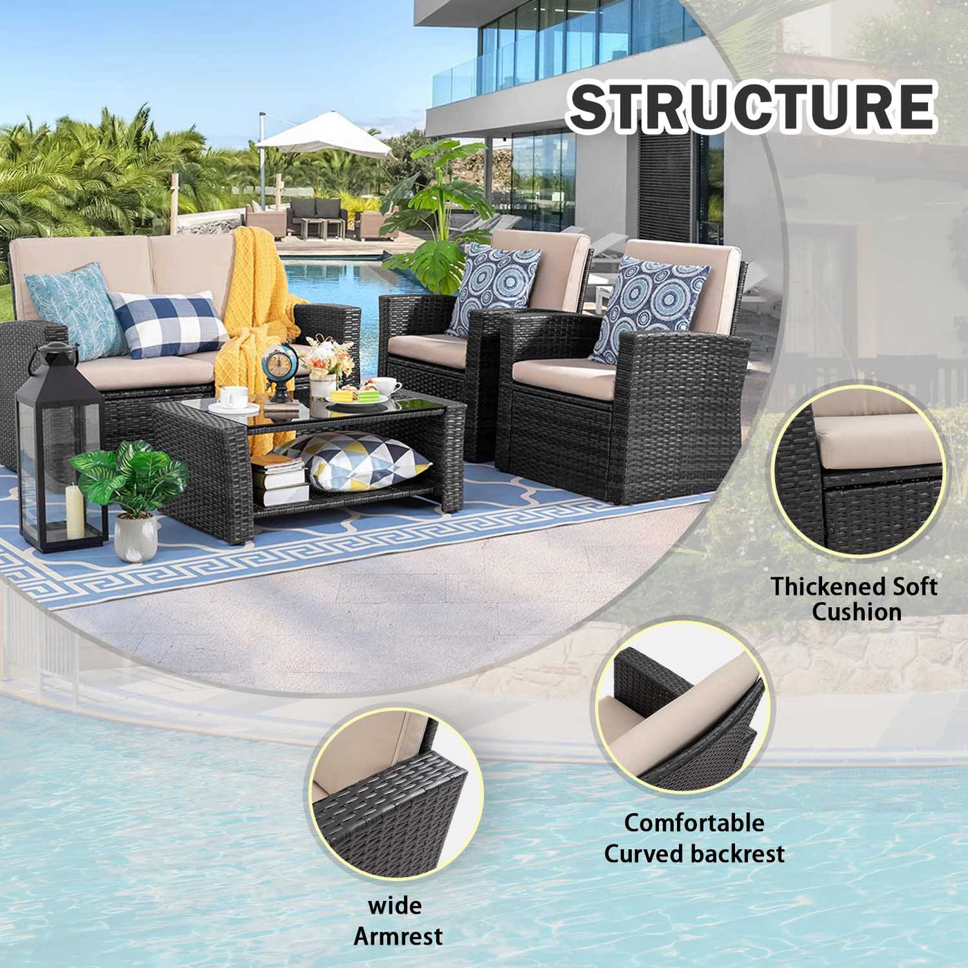 Walsunny Patio Furniture 4 Pieces Outdoor Wicker Loveseat Set