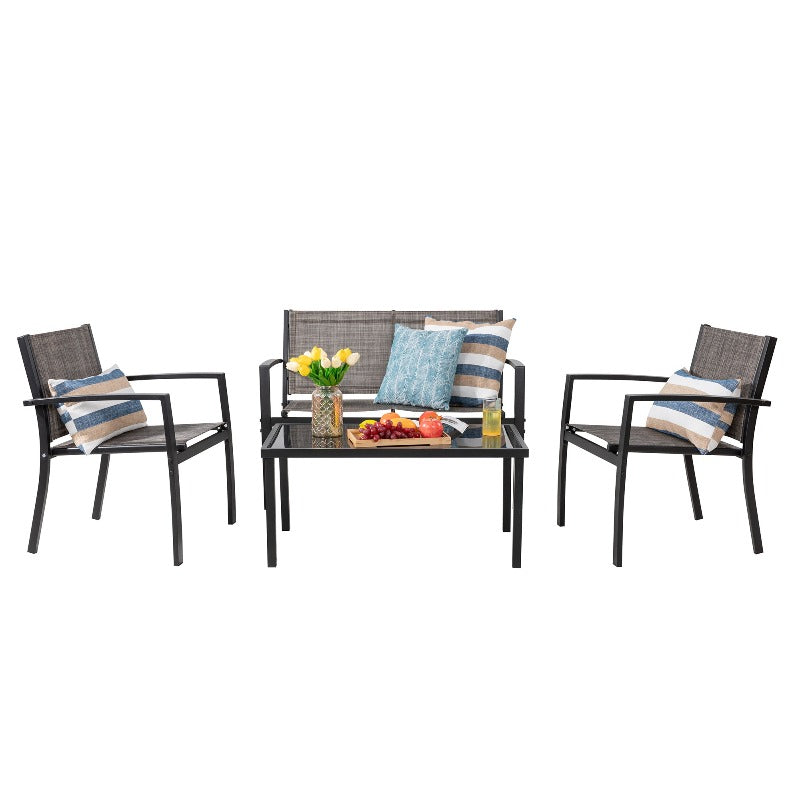 Walsunny 4 Pieces Outdoor Furniture Set, Modern Metal Textilene, Patio Loveseat & Glass Table, Black#color_brown