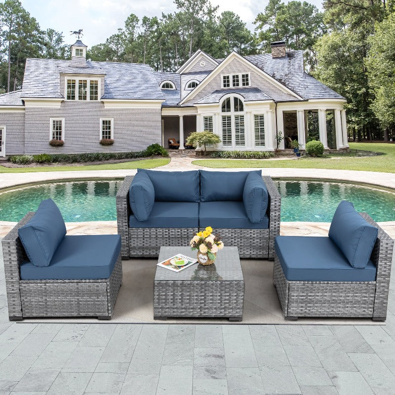 Walsunny Patio Furniture 5 Pieces Outdoor Sectional Sofa Set, Silver Wicker #color_aegean-blue