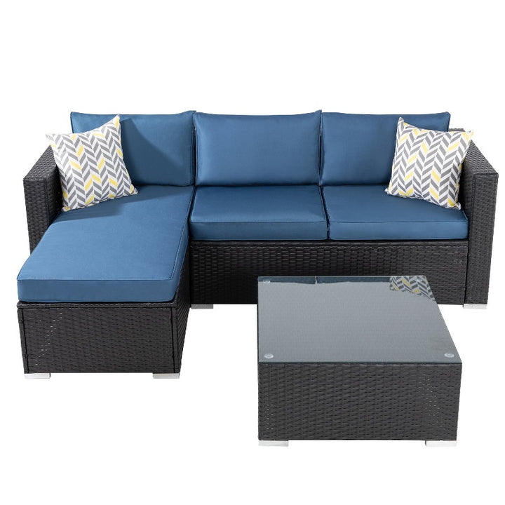 Walsunny Patio Furniture 3 Pieces Outdoor Sectional Sofa Set With Chaise, Black Wicker#color_aegean-blue