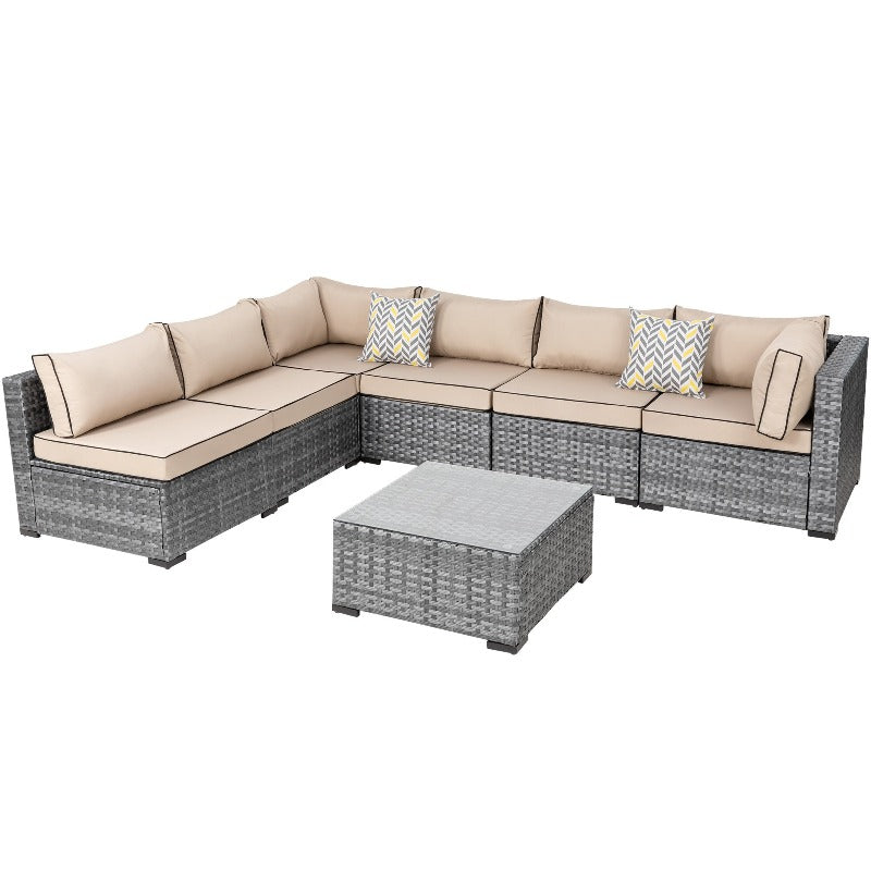 Walsunny Patio Furniture 7 Pieces Outdoor Sectional Sofa Set, Silver Wicker#color_khaki