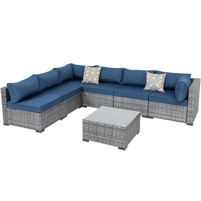 Walsunny Patio Furniture 7 Pieces Outdoor Sectional Sofa Set, Silver Wicker#color_aegean-blue