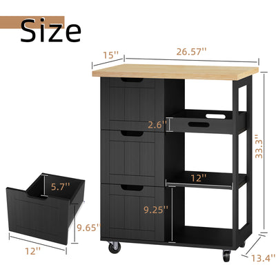 Walsunny 26.57‘’ Rolling Kitchen Island Storage & Bar Cart with Solid Wood Top#color_black