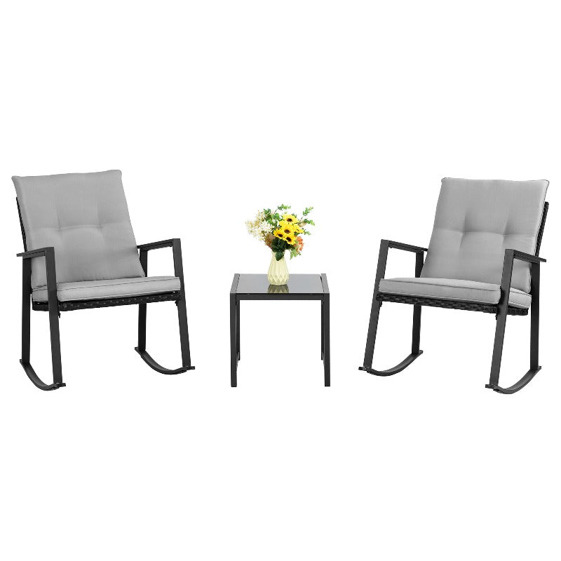 Walsunny Patio Furniture 3 Pieces Wicker Outdoor Bistro Rocking Chair Set#color_grey