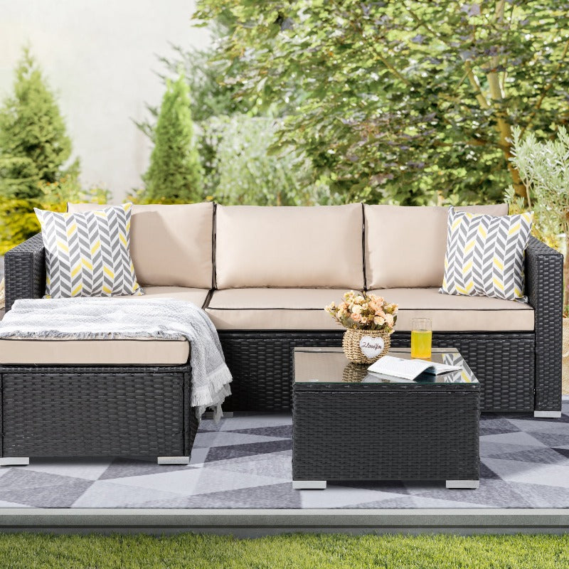 Walsunny Patio Furniture 3 Pieces Outdoor Sectional Sofa Set With Chaise, Black Wicker#color_khaki
